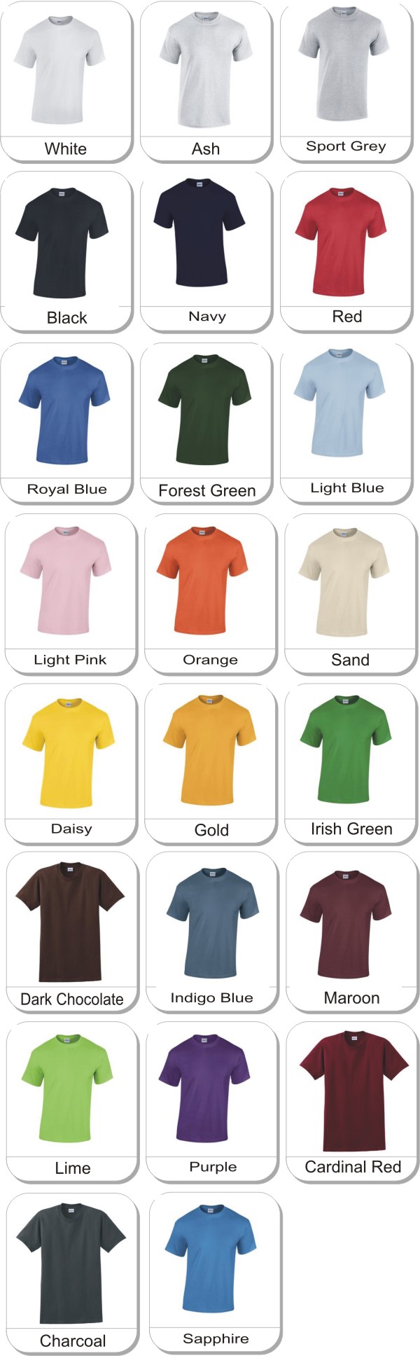 Gildan� Heavy Cotton T-Shirt is available in the following colours: Charcoal, Black, Electric Green, Daisy, Forest Green, Gold, Heliconia, Irish Green, Navy, Light Pink, Purple, Orange, Red, Safety Orange, Royal, Sapphire, .