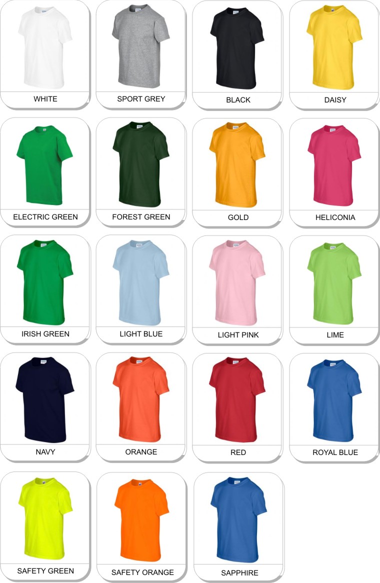 Gildan� Heavy Cotton Youth T-Shirt is available in the following colours: orange, Charcoal, Forest Green, Electric Green, Irish Green, Sapphire, Navy, Royal, Purple, Graphite Heather, Lime, Black, Safety Green, Daisy, Safety Orange, Gold, Red, Light Pink, Heliconia 