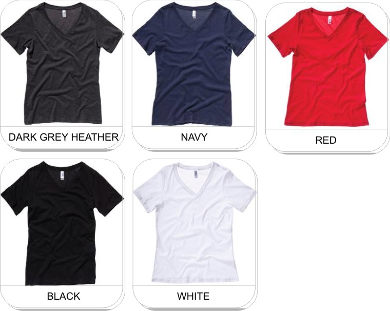 BELLA+CANVAS RELAXED JERSEY SHORT SLEEVE V-NECK LADIES TEE is available in the following colours: Black, Dark Grey Heather, Red, Navy