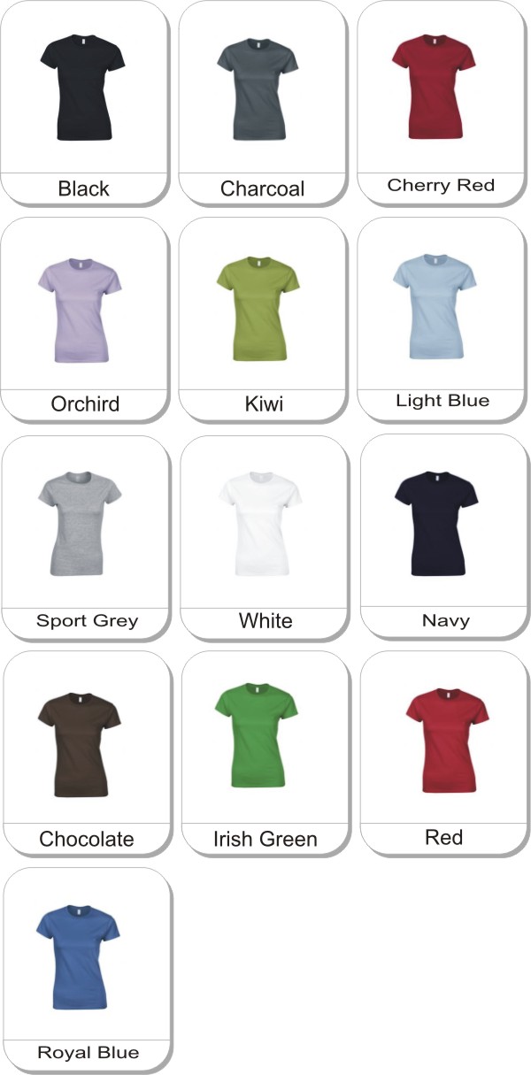 Gildan� Softstyle Junior Fit Ladies T-Shirt is available in the following colours: Black, Cherry Red, Navy, Orchird, Charcoal, Dark Chocolate, Light Blue, Red, Kiwi, Irish Green, Royal