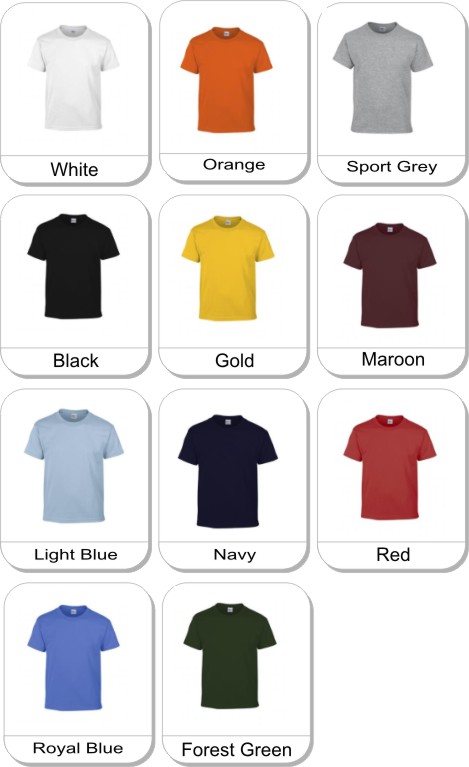Gildan� DryBlend� 50/50 Youth T-Shirt is available in the following colours: Black, Navy, Orange, Sapphire, Heliconia, Purple, Red, Gold, Electric Green