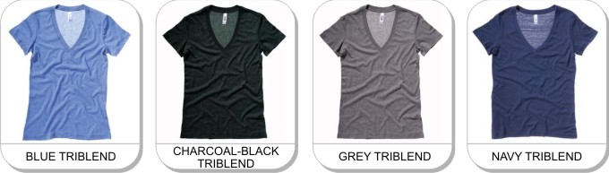 Bella TriBlend Deep V-Neck Ladies Tee is available in the following colours: black charcoal,  grey triblend,  blue triblend,  navy triblend