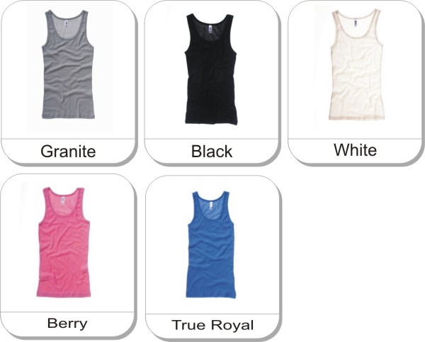 Bella Ladies Sheer Rib Tank is available in the following colours: Berry, Black, Granite, white, True Royal