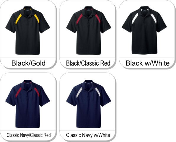 MENS EPERFORMANCE� COLOUR-BLOCK PIQUE POLO is available in the following colours: black/gold,  classic navy/classic red,  black w/white,  classic navy w/white,  black/classic red