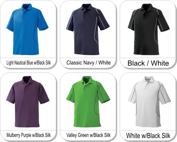 VELOCITY MENS SNAG PROTECTION COLOUR-BLOCK POLO WITH PIPING is available in the following colours: light nautical blue w/black silk,  valley green w/black silk,  mulberry purple w/black silk,  whte w/black silk,  black w/white,  classic navy w/white