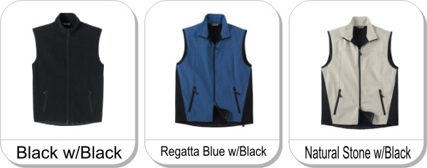 MENS SOFT SHELL PERFORMANCE VEST is available in the following colours: Black w/Black, Regatta Blue w/Black, Natural Stone w/Black