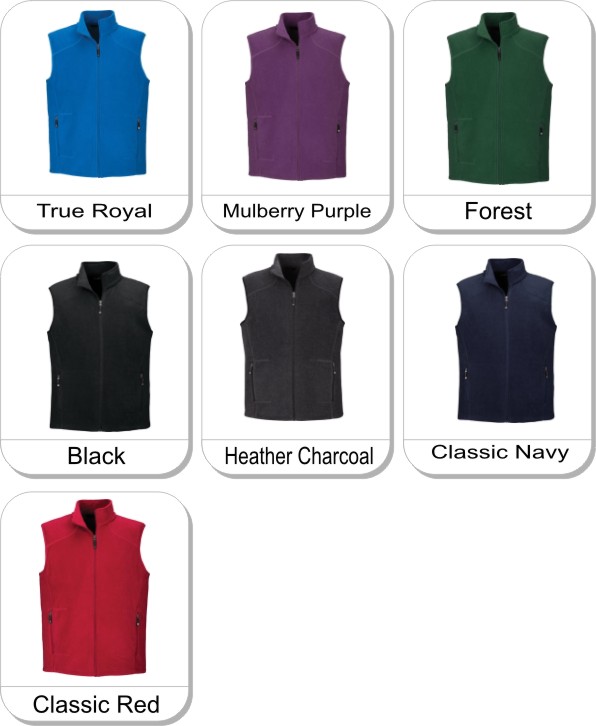 VOYAGE MENS FLEECE VEST is available in the following colours: True Royal, Mulberry Purple, Forest, Black, Heather Charcoal, Classic Navy, Classic Red