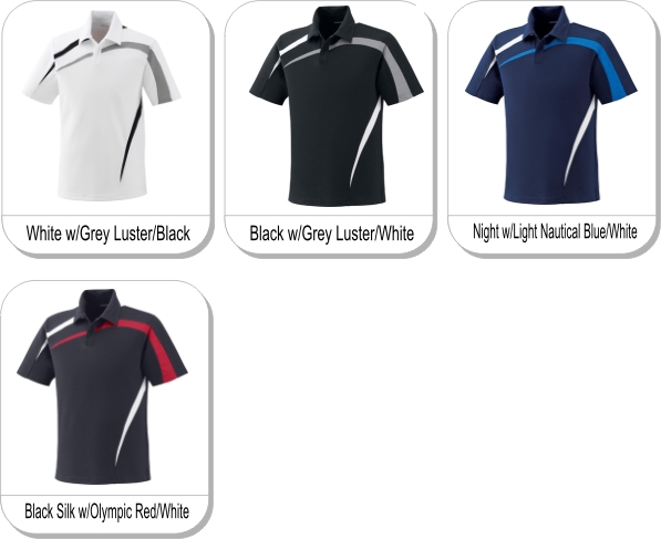 MENS PERFORMANCE POLYESTER PIQUE COLOUR-BLOCK POLO is available in the following colours: White w/Grey Lustre/Black, Black w/Grey Lustre/White, Night w/Light Nautical Blue/White, Black Silk w/Olympic Red/White