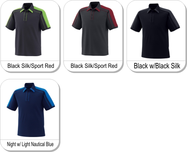 MENS PERFORMANCE POLYESTER PIQUE POLO is available in the following colours: Black Silk/Acid Green, Black Silk/Sport Red, Black w/Black Silk, Night w/ Light Nautical Blue