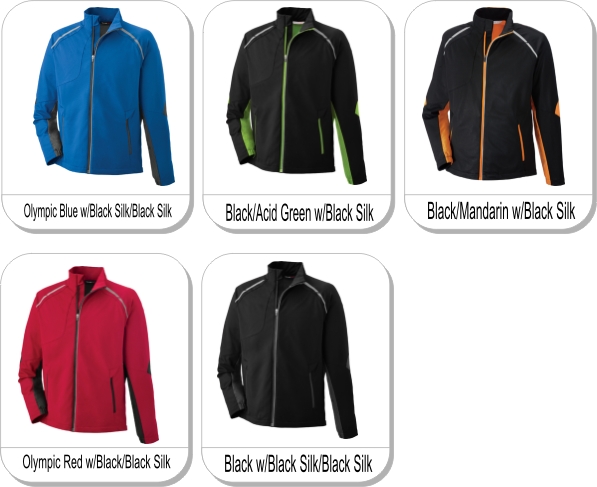 DYNAMO MENS HYBRID PERFORMANCE SOFT SHELL JACKET is available in the following colours: Olympic Blue w/Black Silk/Black Silk, Black/Acid Green w/Black Silk, Black/Mandarin w/Black Silk, Olympic Red w/Black/Black Silk, Black w/Black Silk/Black Silk