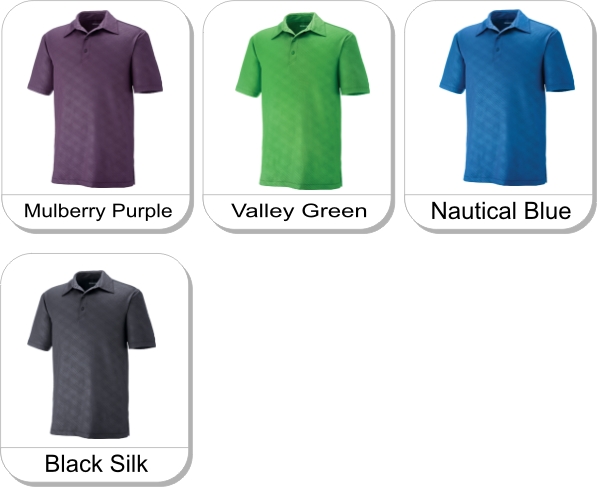 MAZE MENS PERFORMANCE STRETCH EMBOSSED PRINT POLO is available in the following colours: Nautical Blue, Valley Green, Mulberry Purple, Black Silk