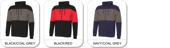 ATC PRO FLEECE FULL ZIP COLOUR BLOCK HOODED SWEATSHIRT is available in the following colours: Black/Coal Grey, Black/Red, Navy/Coal Grey