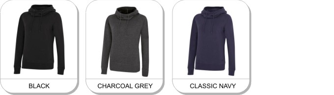 ATC PRO FLEECE FUNNEL NECK HOODED LADIES SWEATSHIRT  is available in the following colours: Black, Charcoal Grey, Classic Navy