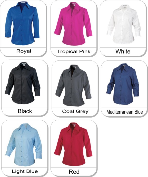 Coal Harbour Ladies Open-Neck 3/4 Sleeve Easy Care Shirt is available in the following colours: Black, Coal Grey, Light Blue, Mediterranean Blue, Red, Royal Blue, Tropical Pink, White