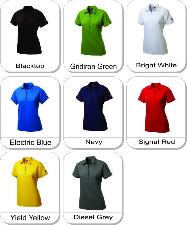OGIO  Ladies Jewel Polo is available in the following colours: blacktop, bright white, electric blue, gridiron green, navy, signal red, yield yellow, diesel grey