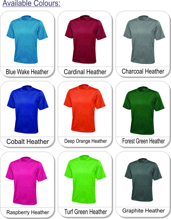 ATC� PRO TEAM ProFORMANCE TEE is available in the following colours: Blue Wake Heather, Cardinal Heather, Charcoal Heather, Cobalt Heather, Deep Orange Heather, Forest Green Heather, Raspberry Heather, Turf Green Heather