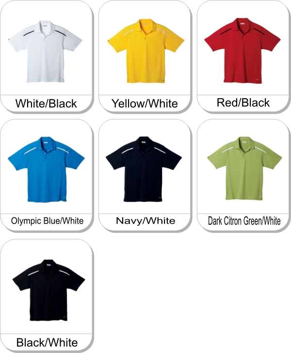 NYOS Short sleeve polo is available in the following colours: White/Black,  Yellow/White,  Vintage Red/Black,  Olympic Blue/White,  Navy/White,  Dark Citron Green/White,  Black/White