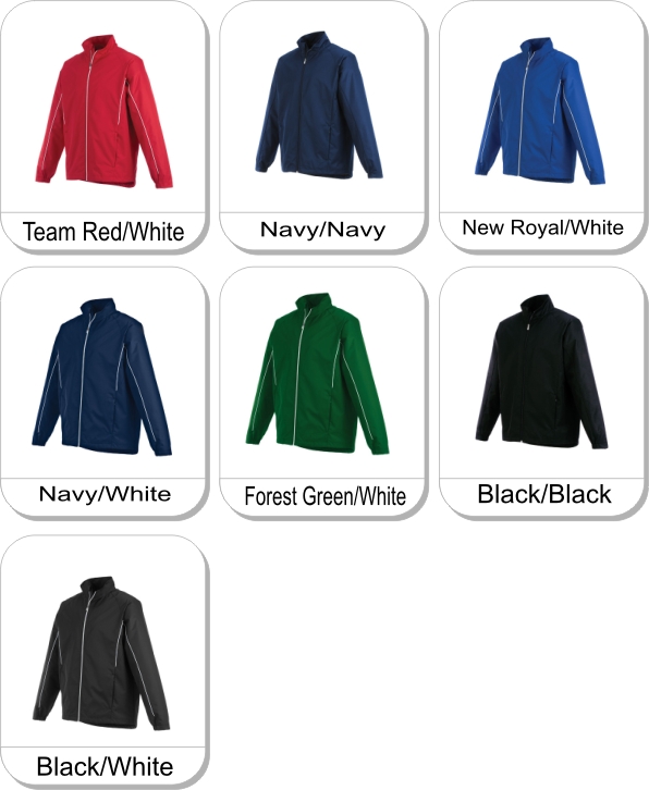 (Y) ELGON Track jacket is available in the following colours: Team Red/White,  Navy/Navy,  New Royal/White,  Navy/White,  Forest Green/White,  Black/Black,  Black/White