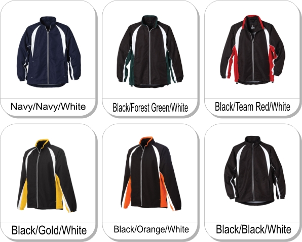 (Y) KELTON Track jacket is available in the following colours: Navy/Navy/White,  Black/Forest Green/White,  Black/Team Red/White,  Black/Gold/White,  Black/Orange/White,  Black/Black/White