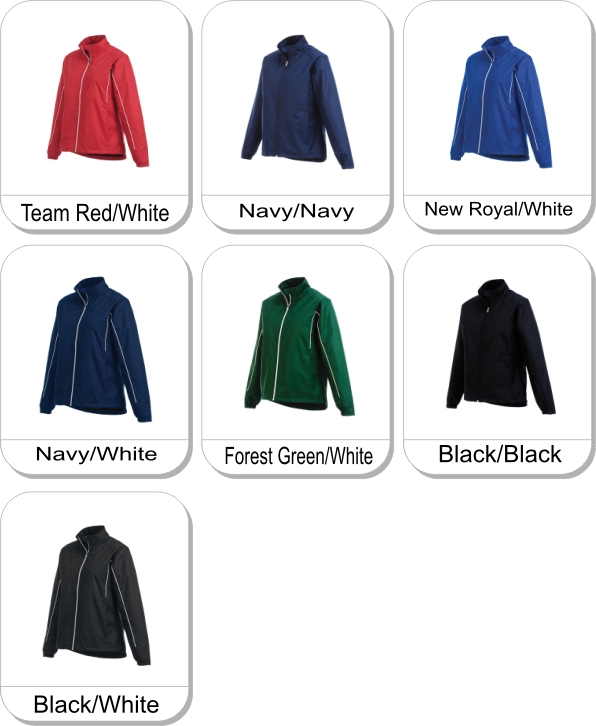 (W) ELGON Track jacket is available in the following colours: Team Red/White,  Navy/Navy,  New Royal/White,  Navy/White,  Forest Green/White,  Black/Black,  Black/White