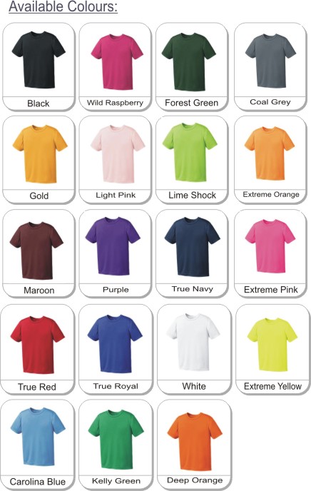 The Authentic T-Shirt Company� Youth Pro Team Tee is available in the following colours: Black, Deep Orange, Gold, Lime Shock, Maroon, Purple, True Navy, True Royal, White, Carolina Blue, Kelly Green, Light Pink, Wild Raspberry, Coal Grey, Extreme Yellow, Forest Green, Extreme Orange, True Red, Maroon, Extreme Pink, Silver