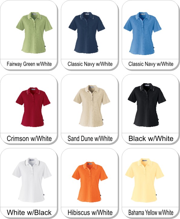 LADIES EDRY� NEEDLE OUT INTERLOCK POLO is available in the following colours: Selected color: 756  SAND DUNE w/White; BAHAMA YELLOW w/White; HIBISCUS w/White; WHITE w/Black; BLACK w/Light Grey; Selected color: 756  SAND DUNE w/White; CRIMSON w/White; LAKE BLUE w/White; CLASSIC NAVY w/Powder Blue