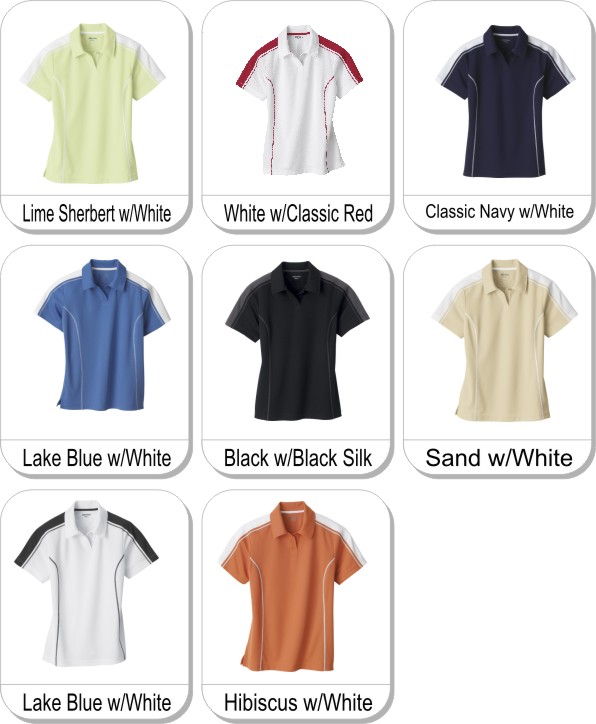 LADIES EPERFORMANCE� PIQUE COLOR BLOCK POLO is available in the following colours: Sand w/ White, Hibiscus w/ White, Lake Blue w/ White, Classic Navy w/ White, White w/ Classic Red, White w/ Black Silk, Lime Sherbert w/ White
