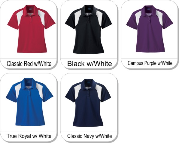 LADIES EPERFORMANCE� COLOUR-BLOCK TEXTURED POLO is available in the following colours: campus purple w/ white,  true royal w/ white,  black w/ white,  classic navy w/ white,  classic red w/ white