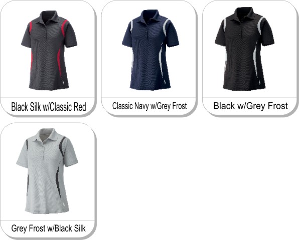 NEW VENTURE LADIES SNAG PROTECTION POLO is available in the following colours: black silk w/ classic red,  classic navy w/ grey frost,  black w/ grey frost,  grey frost w/ black silk