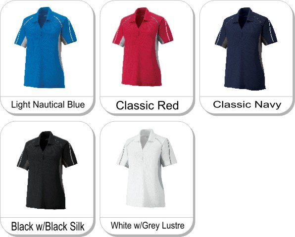 NEW PARALLEL LADIES SNAG PROTECTION POLO WITH PIPING is available in the following colours: light nautical blue,  classic red,  classic navy,  black w/ black silk,  white w/ grey lustre