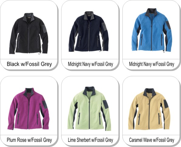 LADIES FULL-ZIP MICROFLEECE JACKET is available in the following colours: BLACK w/fossil grey,  MIDNIGHT NAVY w/fossil grey,  LAKE BLUE w/fossil grey,  PLUM ROSE w/fossil grey,  LIME SHERBERT w/fossil grey,  CARAMEL WAVE w/fossil grey