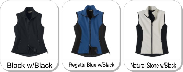 LADIES SOFT SHELL PERFORMANCE VEST is available in the following colours:  BLACK w/Black; REGATTA BLUE w/Black; NATURAL STONE w/Black