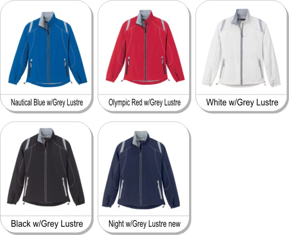 LADIES LIGHTWEIGHT COLOUR-BLOCK JACKET is available in the following colours: Nautical Blue w/Grey Lustre, Olympic Red w/Grey Lustre, White w/Grey Lustre, Black w/Grey Lustre, Night w/Grey Lustre