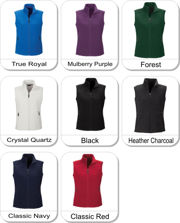 VOYAGE LADIES FLEECE VEST    is available in the following colours: True Royal, Mulberry Purple, Forest, Crystal Quartz, Black, Classic Navy, Classic Red, Heather Charcoal