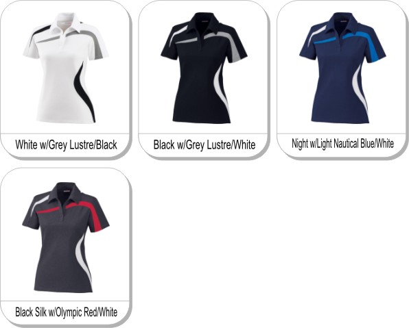 IMPACT LADIES PERFORMANCE POLYESTER PIQUE COLOUR-BLOCK POLO is available in the following colours: Black Silk w/Olympic Red/White, White w/Grey Lustre/Black, Black w/Grey Lustre/White, Night w/Light Nautical Blue/White