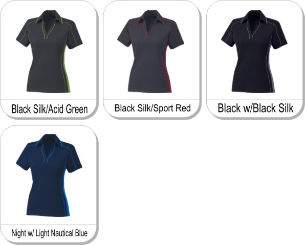 SONIC LADIES PERFORMANCE POLYESTER PIQUE POLO is available in the following colours: Black Silk/Acid Green, Black Silk/Sport Red, Black w/Black Silk, Night w/ Light Nautical Blue