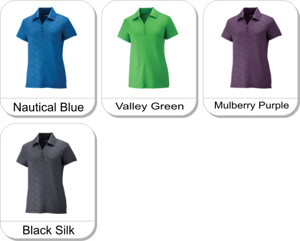 MAZE LADIES PERFORMANCE STRETCH EMBOSSED PRINT POLO is available in the following colours: nautical blue,  valley green,  mulberry purple,  black silk