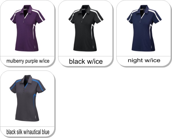 ACCELERATE LADIES UTK cool.logik� PERFORMANCE POLO    is available in the following colours: mulberry purple w/ice,  black w/ice,  night w/ice,  black silk w/nautical blue