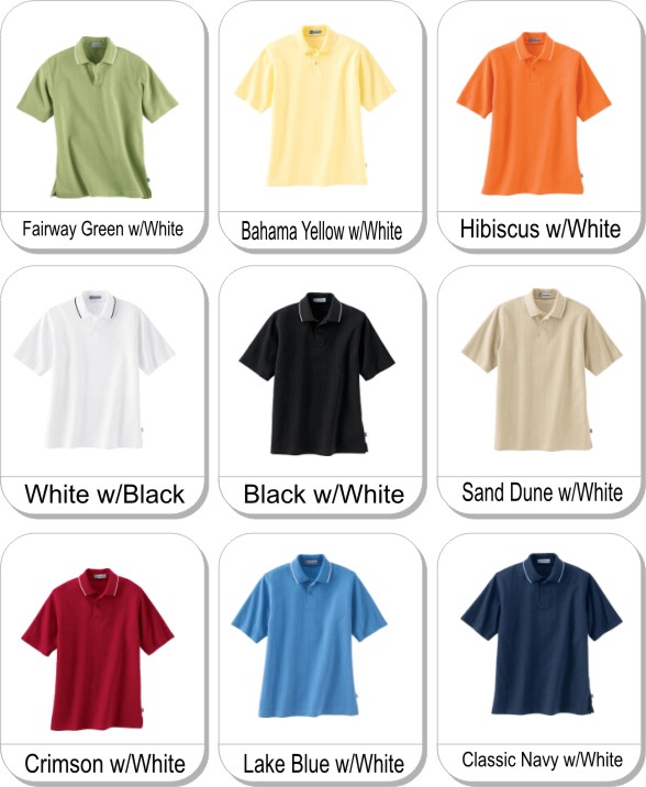 MENS EDRY� NEEDLE OUT INTERLOCK POLO is available in the following colours: FAIRWAY GREEN w/white; BAHAMA YELLOW  w/white; HIBISCUS w/white; WHITE w/black; BLACK w/white; SAND DUNE w/white; CRIMSON w/white; LAKE BLUE w/white; CLASSIC NAVY w/white