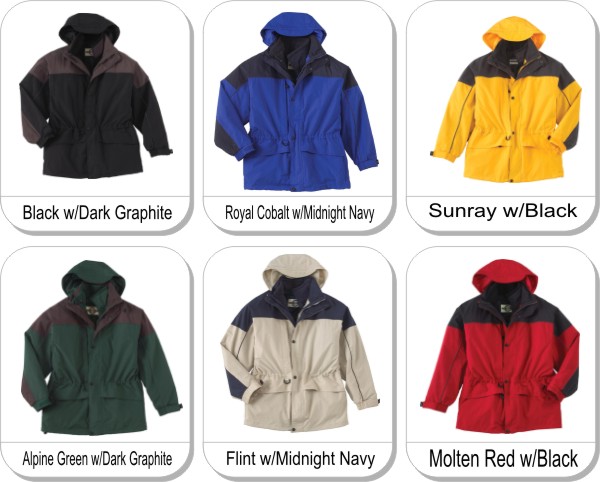 MENS 3 IN 1 TWO TONE PARKA is available in the following colours: Black w/ dark graphite; Royal Cobalt w/ midnight navy; Sunray w/ black; Alpine Green w/ dark graphite; Flint w/ midnight navy; Molten Red w/ black