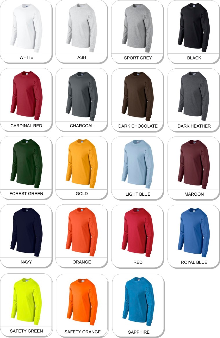 Gildan�  Ultra Cotton� Long Sleeve T-Shirt is available in the following colours: Black, Charcoal, Navy, Orange, Dark Heather, Forest Green, Royal, Safety Green