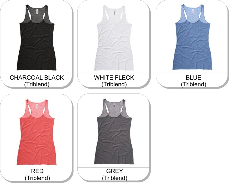 BELLA+CANVAS TRIBLEND RACERBACK LADIES TANK is available in the following colours: White Fleck Triblend, Charcoal Black Triblend, Grey Triblend, Red Triblend, Blue Triblend