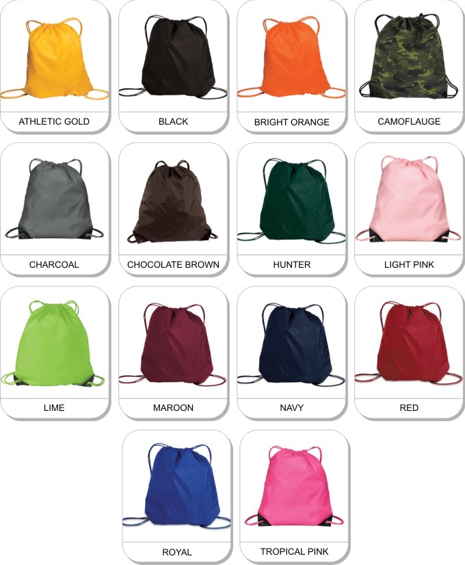 Authentic� Cinch Pack is available in the following colours: Navy, Red, Royal, Black, bright orange, athletic gold, maroon, lime, hunter, charcoal, Tropical Pink, Camo