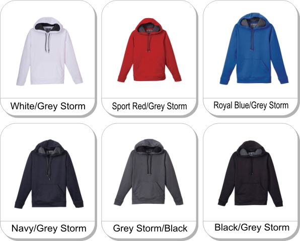 (Y) PASCO Tech hoody is available in the following colours: White/Grey Storm,  Sport Red/Grey Storm,  Royal Blue/Grey Storm,  Navy/Grey Storm,  Grey Storm/Black,  Black/Grey Storm